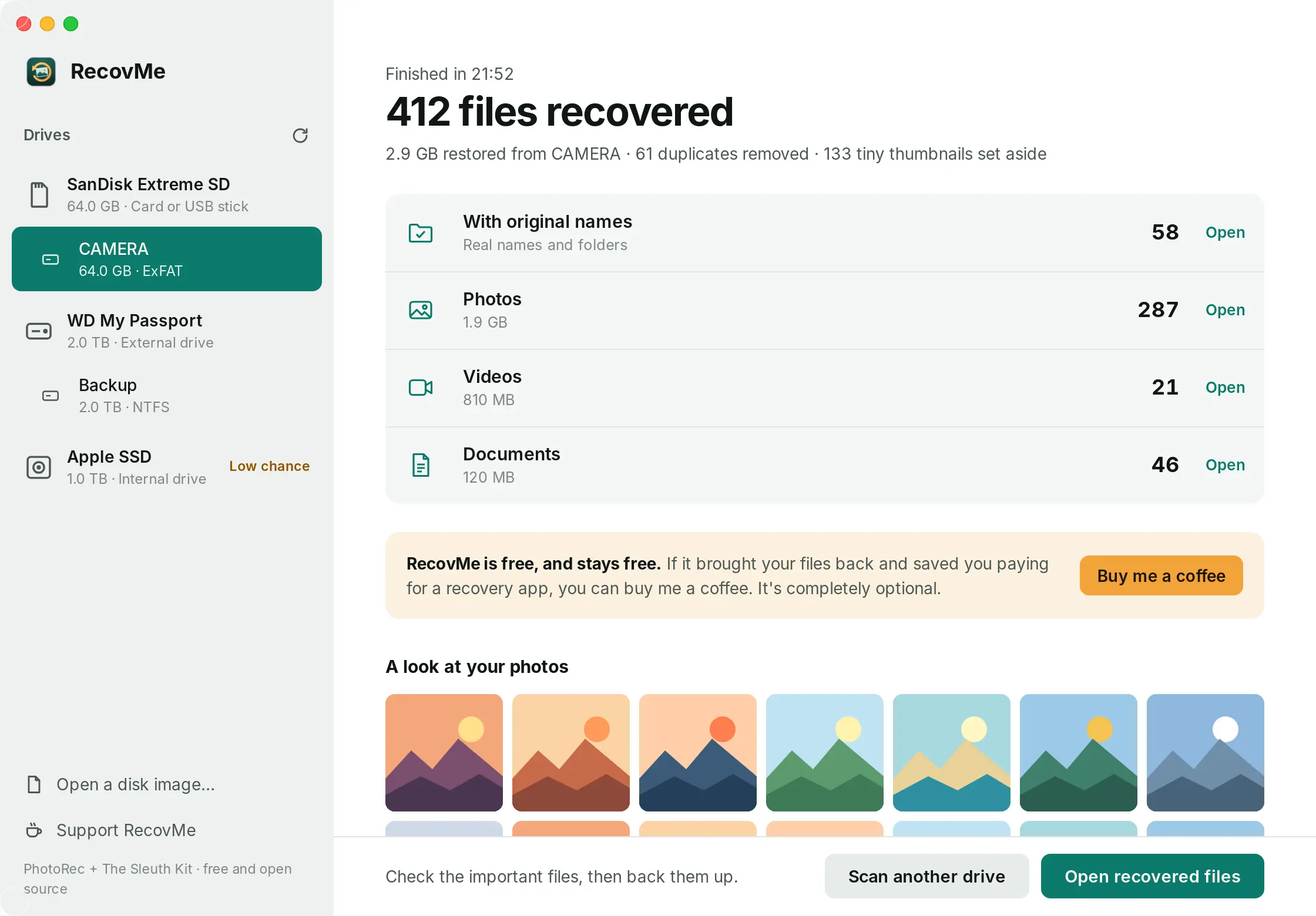 Results: 412 files recovered, 58 with original names, 287 photos, 21 videos, 46 documents.