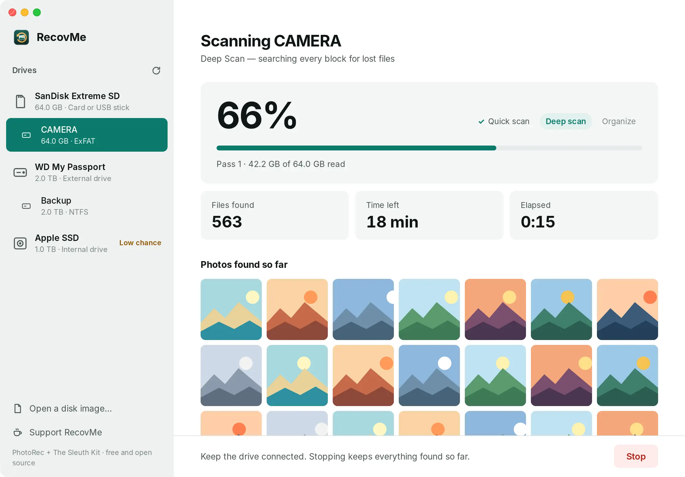 RecovMe scanning an SD card named CAMERA, with its progress, files found so far and recovered photos appearing below.