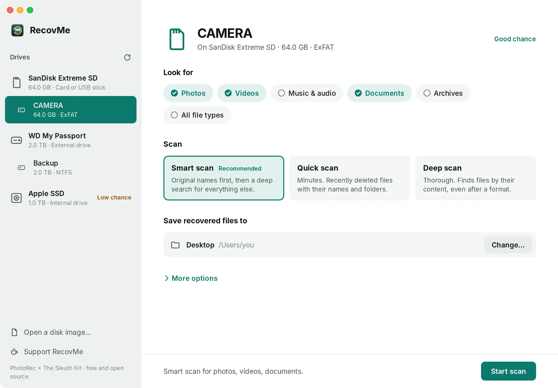 Choosing the CAMERA card, with Photos, Videos and Documents selected and Smart scan recommended.